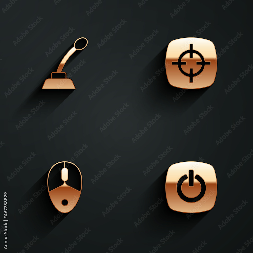 Poster set microphone, target sport, computer mouse and power button icon with long shadow. vector