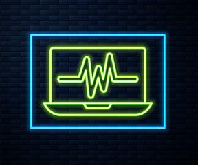 Glowing neon line Laptop with cardiogram icon isolated on brick wall background. Monitoring icon. ECG monitor with heart beat hand drawn. Vector