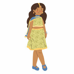 Girl in traditional Indian clothes with long hair. Indian childhood. Human ages. Flat style in vector illustration. Future human. Cute Asian kid, child. Isolated. Elementary school, first level.