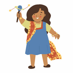 Girl in traditional Indian clothes with long hair is playing and smiling. Little kid. Indian childhood. Human ages. Flat style in vector illustration. Future human. Cute Asian child.