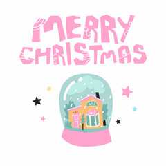 Quote Merry Christmas and snow ball around stars. Holiday toys. New year celebrating poster. Print, sticker card design. Flat style in vector illustration. Pink and blue colors. Isolated elements.