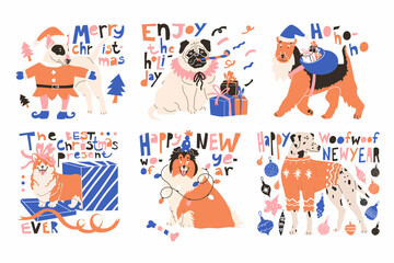 Set with Dogs in festive costume and greeting quotes. Celebrating Christmas and Newyear. Vector illustration in flat style. Isolated in white background. Christmas tree toys, garland, present, Santa.