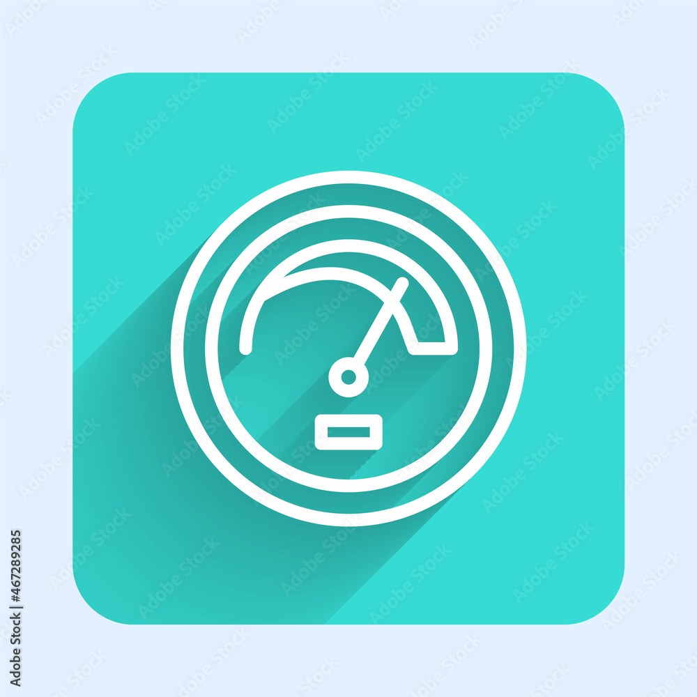 Poster white line speedometer icon isolated with long shadow. green square button. vector