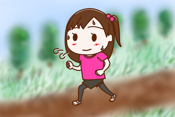 （全身斜め）河川敷の道を気持ちよくジョギングする少女