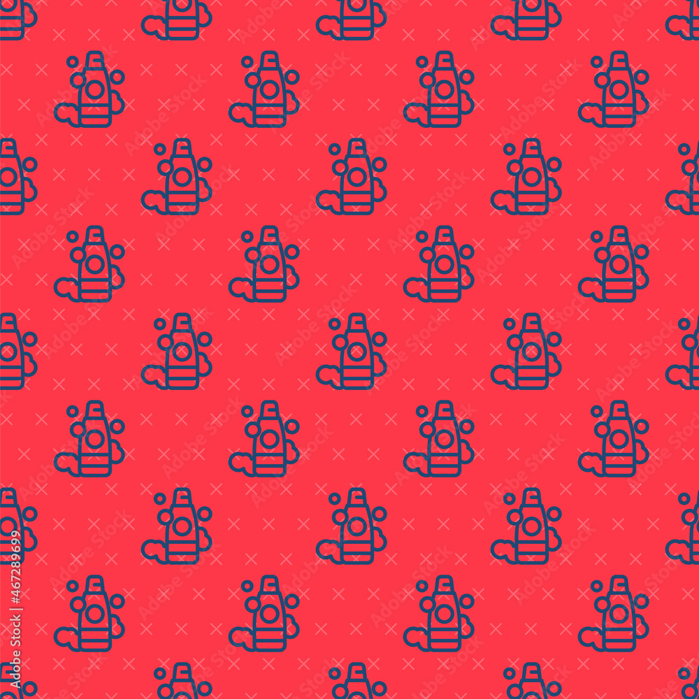 Poster blue line bottle of shampoo icon isolated seamless pattern on red background. vector