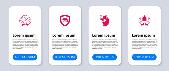 Set House in hand, Life insurance with shield, Graduation cap and . Business infographic template. Vector