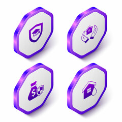 Set Isometric Graduation cap with shield, House in hand, Money bag and flood icon. Purple hexagon button. Vector