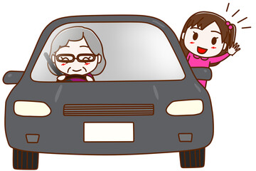 車で出発するおばあさんと少女