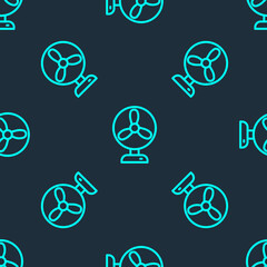 Green line Electric fan icon isolated seamless pattern on blue background. Vector