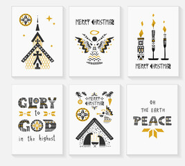 Set of 6 monochrome minimalistic Christmas templates for greeting cards, interior and textille prints or web banners in Scandinavian folk ornamental style. Also can be used as isolated elements.