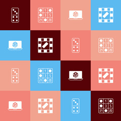 Set pop art Domino, Bingo card, Game dice and Board game icon. Vector