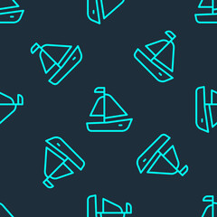 Green line Yacht sailboat or sailing ship icon isolated seamless pattern on blue background. Sail boat marine cruise travel. Vector