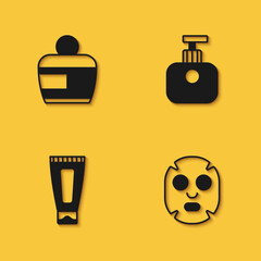 Set Cream or lotion cosmetic tube, Facial mask, and Tube of hand cream icon with long shadow. Vector