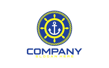 Marine retro emblems logo with anchor and ship steering, anchor logo