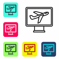Black line Plane icon isolated on white background. Flying airplane icon. Airliner sign. Set icons in color square buttons. Vector