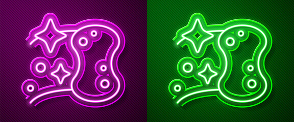 Glowing neon line Sponge icon isolated on purple and green background. Wisp of bast for washing dishes. Cleaning service logo. Vector