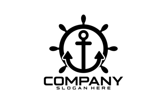Marine retro emblems logo with anchor and ship steering, anchor logo