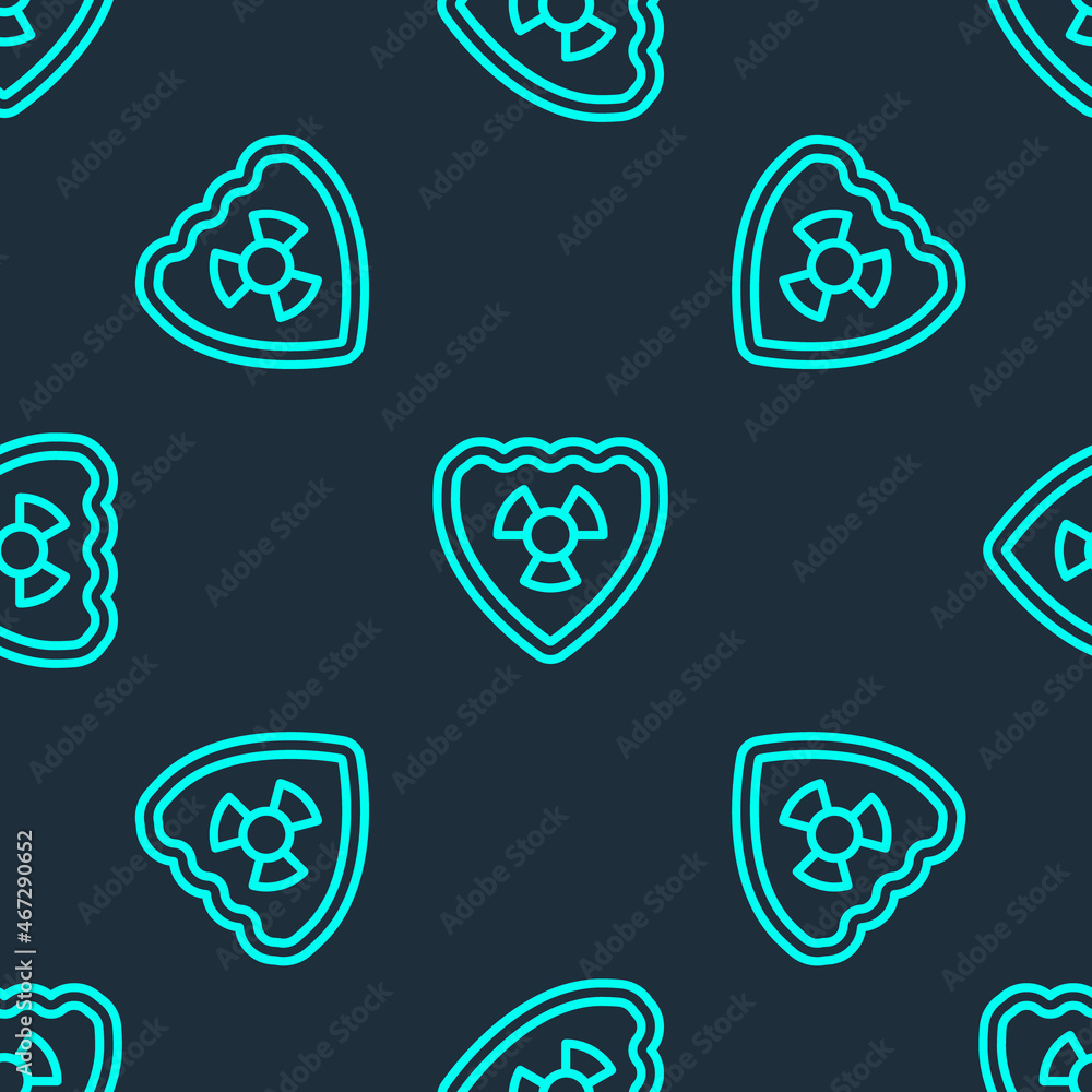 Wall mural Green line Radioactive in shield icon isolated seamless pattern on blue background. Radioactive toxic symbol. Radiation Hazard sign. Vector - Wall murals