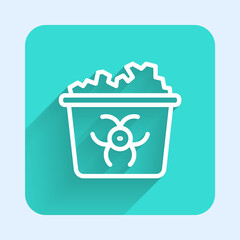 White line Infectious waste icon isolated with long shadow background. Tank for collecting radioactive waste. Dumpster or container. Biohazardous substances. Green square button. Vector