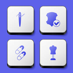 Set Needle for sewing with thread, Leather, Closed steel safety pin and Mannequin icon. White square button. Vector