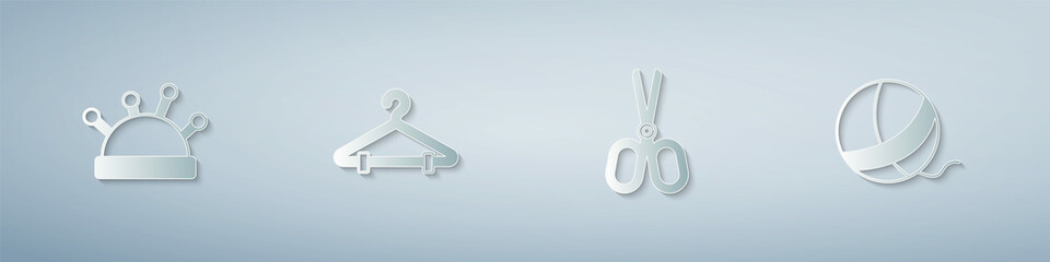 Set Needle bed and needles, Hanger wardrobe, Scissors and Yarn ball. Paper art style. Vector