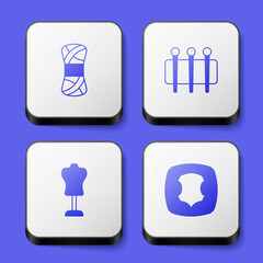 Set Yarn, Needle for sewing, Mannequin and Leather icon. White square button. Vector