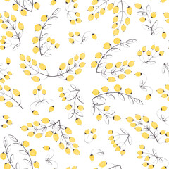 Watercolor hand drawn seamless pattern with illustration of decorative branch with yellow berries isolated on white background. Cute vintage flat nature and floral design.