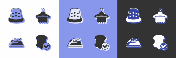 Set Leather, Thimble for sewing, Electric iron and Hanger wardrobe icon. Vector
