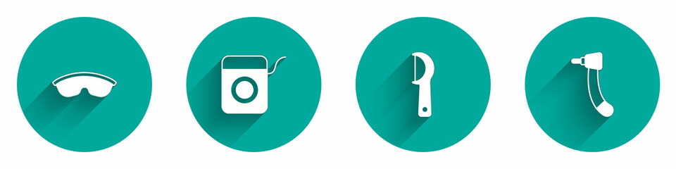 Set Safety goggle glasses, Dental floss, and Tooth drill icon with long shadow. Vector