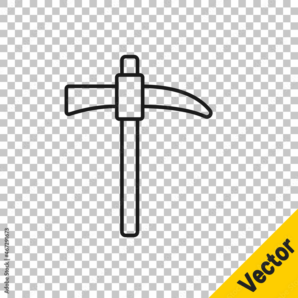 Poster black line pickaxe icon isolated on transparent background. vector
