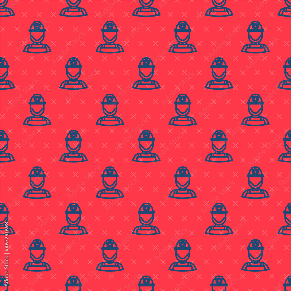 Poster blue line miner in a helmet icon isolated seamless pattern on red background. vector