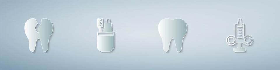Set Broken tooth, Toothbrush and toothpaste, and Syringe. Paper art style. Vector