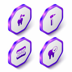 Set Isometric Tooth with caries and drill, Dentures model and icon. Purple hexagon button. Vector