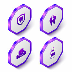 Set Isometric Dental protection, Broken tooth, Otolaryngological head reflector and Mouthwash icon. Purple hexagon button. Vector