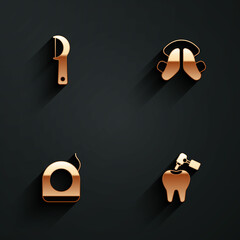 Set Dental floss, tooth plate, and Tooth with caries and drill icon with long shadow. Vector