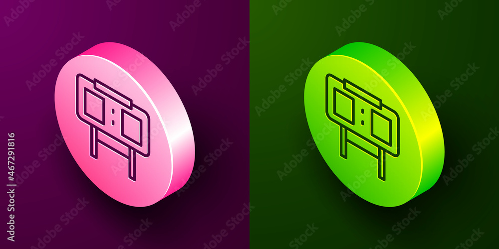 Poster isometric line sport mechanical scoreboard and result display icon isolated on purple and green back