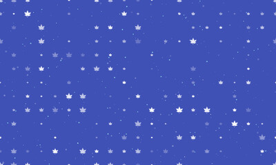 Seamless background pattern of evenly spaced white maple leafs of different sizes and opacity. Vector illustration on indigo background with stars
