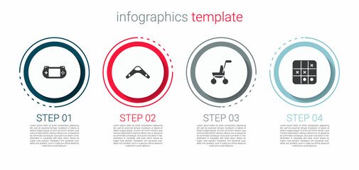 Set Portable video game console, Boomerang, Baby stroller and Tic tac toe. Business infographic template. Vector