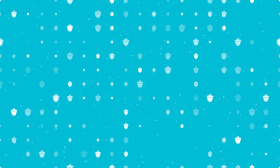 Seamless background pattern of evenly spaced white acorn symbols of different sizes and opacity. Vector illustration on cyan background with stars