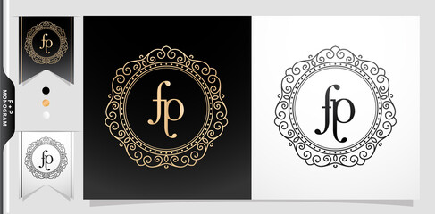 illustration of a labels and badges, Set of label initial FP or PF letter, Circle gold frame border with ornament pattern. applicable for letterpress, embroidery, invitation wedding monogram, and sign