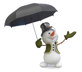 3d illustration A snowman with a umbrella and bucket on his head