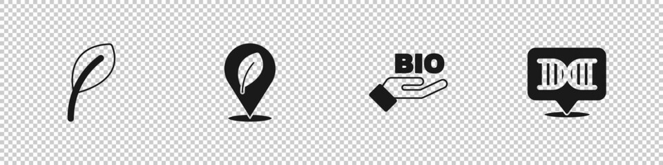 Set Leaf or leaves, Location with leaf, Bio healthy food and DNA symbol icon. Vector