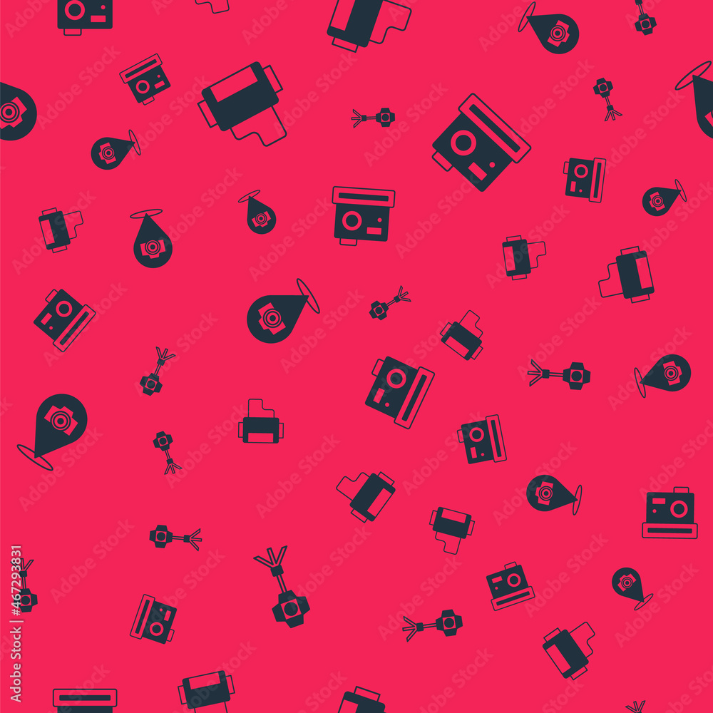 Poster set softbox light, camera roll cartridge, photo camera and on seamless pattern. vector