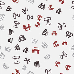 Set line Big bed, Round table, Mattress and Office desk on seamless pattern. Vector