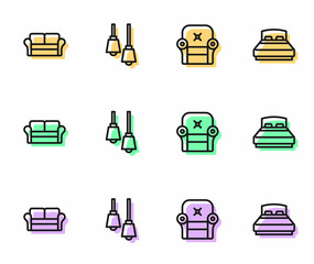 Set line Armchair, Sofa, Lamp hanging and Big bed icon. Vector