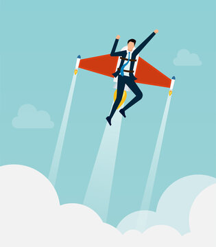 Businessman Flying With Jetpack To High Sky. Business Concept Vector Illustration