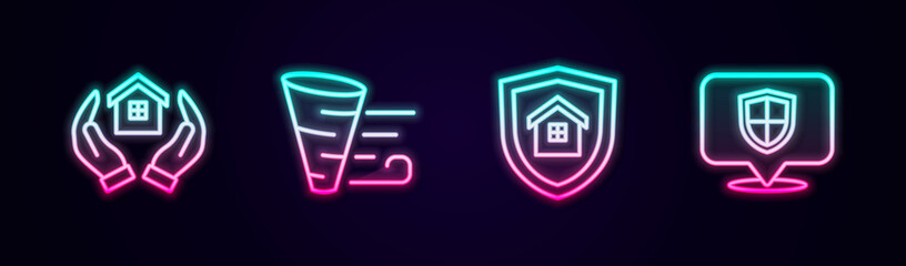 Set line House in hand, Tornado, with shield and Location. Glowing neon icon. Vector