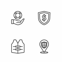 Set line Location shield, Life jacket, Lifebuoy in hand and Shield with dollar icon. Vector