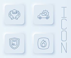 Set line Education grant, Car insurance, Delivery security with shield and Fire flame. White square button. Vector