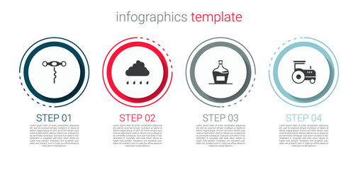 Set Wine corkscrew, Cloud with rain, Old bottle of wine and Tractor. Business infographic template. Vector